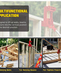 Two Pack Malleable Iron Wall Jacks For Framing Lifting Heavy Beams And Tightening Flooring compatible with wood and steel, shown in action.