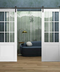 Double Barn Door Set 72 By 84 Inches With Clear Glass In White Silk Finish Heavy Duty Stainless Steel 13 Ft Rail Hangers Floor Guide Anti Jump Pins Screws Solid Panel Interior Sliding Doors in modern room