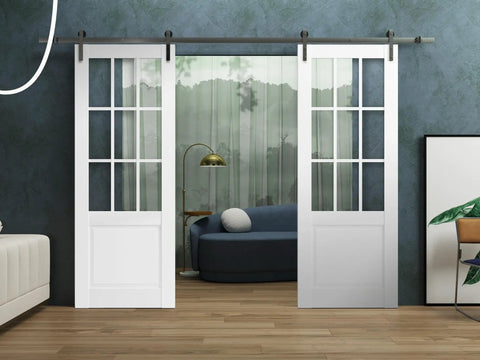Double Barn Door Set 72 By 84 Inches With Clear Glass In White Silk Finish Heavy Duty Stainless Steel 13 Ft Rail Hangers Floor Guide Anti Jump Pins Screws Solid Panel Interior Sliding Doors in modern room