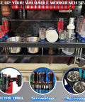 Magnetic Power Tool Organizer Rack For Cordless Drill Screwdrivers And Heavy Tools Gotta Have Wall Mount Metal Tool Holder Shelf For Garage Workshop Warehouse Toolbox holding screwdrivers and drills on a workbench.