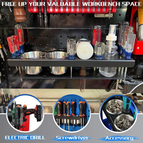 Magnetic Power Tool Organizer Rack For Cordless Drill Screwdrivers And Heavy Tools Gotta Have Wall Mount Metal Tool Holder Shelf For Garage Workshop Warehouse Toolbox holding screwdrivers and drills on a workbench.