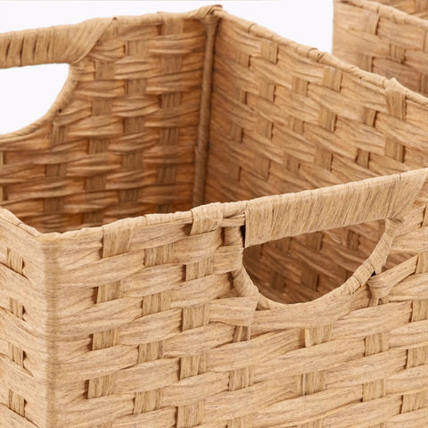 Handwoven Portable Laundry Bin With Carry Handles Durable Steel Frame Tan Rectangular Laundry Organizer For Clothes Linens And Sheets 2 Pack Grab And Go For Easy Home Laundry, close-up of woven detail and handle design.