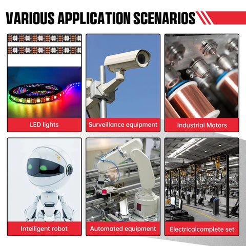 Various application scenarios for Beefy 500W 72V DC Switching Power Supply, including LED lights, surveillance, and industrial motors.