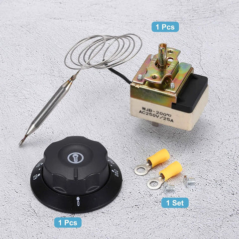Temperature Control Switch 250V 25A Capillary Thermostat For Ovens Fryers Refrigerators And Heaters 60-200C Range 0.7m Capillary Easy Install Durable Kitchen Equipment Controller, knob and probe set