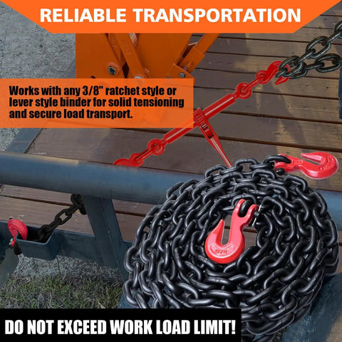 G80 Binder And Safety Chain Three Eighths Inch By Twenty Foot Beefy Heavy Duty Transport Chain stacked with clevis grab hooks