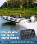 Boat on water with inset of Water Inlet Screen Kit for Outboard Gearcase Fits 20HP 25HP 30HP Two Stroke and Four Stroke Motors.