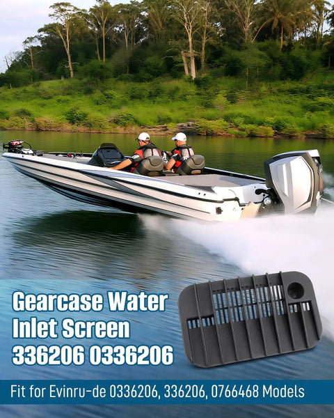 Boat on water with inset of Water Inlet Screen Kit for Outboard Gearcase Fits 20HP 25HP 30HP Two Stroke and Four Stroke Motors.