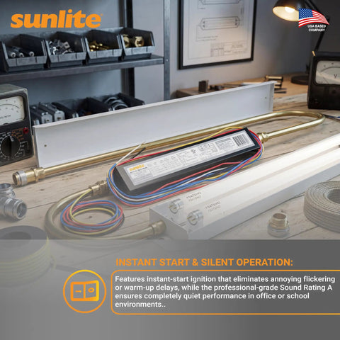Versatile Multi Voltage Electronic Ballast For 120 To 277 Volts Input Lighting Setup For 1 To 2 Lamps Including F54T5HO FC40T5 And F55W 2G11 With Program Start For Instant Start And Quiet Operation UL Listed, shown in a workshop with wiring and fittings displayed.