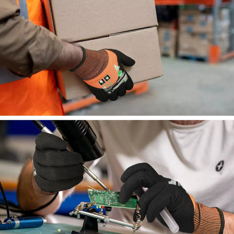 ANSI A6 Cut Resistant Work Gloves With Three Quarters Nitrile Coating Built Tough For Woodworking Metal Cutting Glass Handling And Construction Touchscreen Ready Size Large One Pair being used to carry a box and solder electronics.