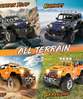 1:16 Scale Remote Control Jeep With Spray, Lights And Sound, 2.4GHz RC Car shown on various terrains including mountain, highway, sand, grass