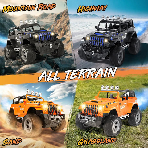 1:16 Scale Remote Control Jeep With Spray, Lights And Sound, 2.4GHz RC Car shown on various terrains including mountain, highway, sand, grass