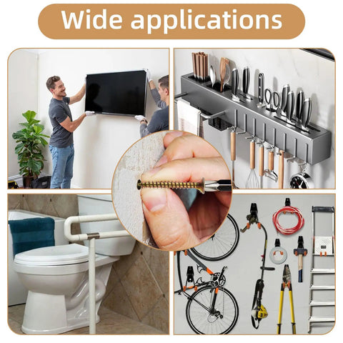 Collage showing 20 Pack Heavy Duty Concrete Anchors And Screws Kit For Hollow Walls, gold metal anchors in various home uses
