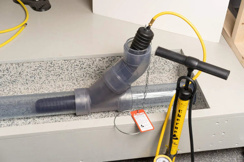 Long 4 Inch Test Ball Plug For Waste Stacks, Seals Floor Drain To Sewer Line, Includes 3 Ft Extension Hose, Ring And Chain To Keep Plug From Slipping, Pro Grade Plumbing Tool For Drain Line Testing