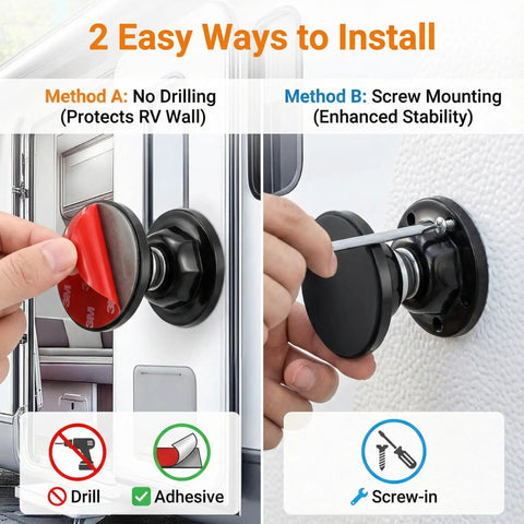 Strong Magnetic RV Door Holder For Camper And Trailer Keeps Doors Open, showing adhesive and screw installation methods.