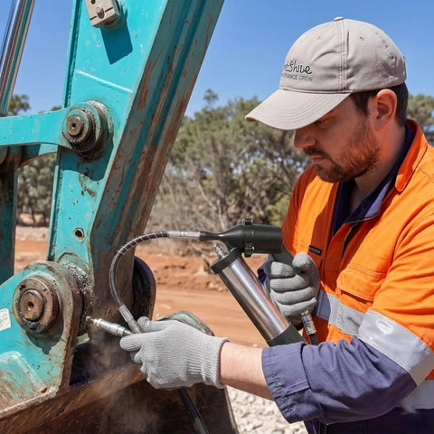 Worker using Heavy Duty Pneumatic Grease Gun Workhorse With 6000 PSI High Pressure Air And 18 Inch Hose for machinery lubrication.