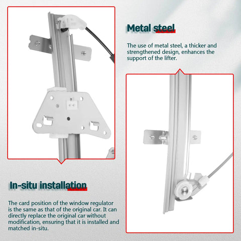 Rear Driver Side Power Window Regulator With Motor For 2000-2004 Dodge Dakota And 1998-2003 Dodge Durango Replacement - Easy Install, OE-Style, Plug-and-Play, Durable Window Regulator Assembly displayed with installation features and metal steel design detail.