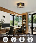 Industrial Black Flush Mount Ceiling Light 2 Light Farmhouse Fixture With Metal Cage Shade in modern office setting