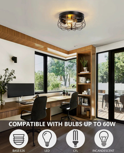 Industrial Black Flush Mount Ceiling Light 2 Light Farmhouse Fixture With Metal Cage Shade in modern office setting