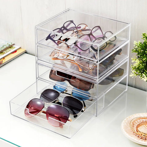 Clear Drawer Organizer With Four Wide Drawers For Office, Kitchen, Beauty, Makeup, Pens And Jewelry Storage Solution, Space Saving, Durable BPA Free Plastic, Stackable, Made In USA, holding sunglasses