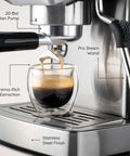 Game Changing 20 Bar Espresso Machine With Sleek Stainless Steel Build And Rapid Steam Milk Frother For Killer Lattes And Creamy Cappuccinos At Home Featuring Hassle Free Temperature Settings And Spacious Tank, espresso shot extraction with pro steam wand and glass cup.