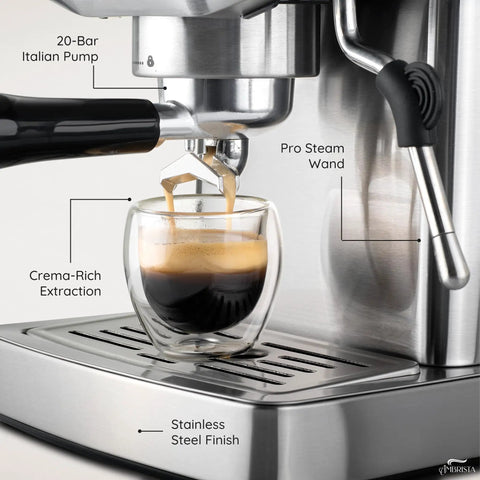 Game Changing 20 Bar Espresso Machine With Sleek Stainless Steel Build And Rapid Steam Milk Frother For Killer Lattes And Creamy Cappuccinos At Home Featuring Hassle Free Temperature Settings And Spacious Tank, espresso shot extraction with pro steam wand and glass cup.