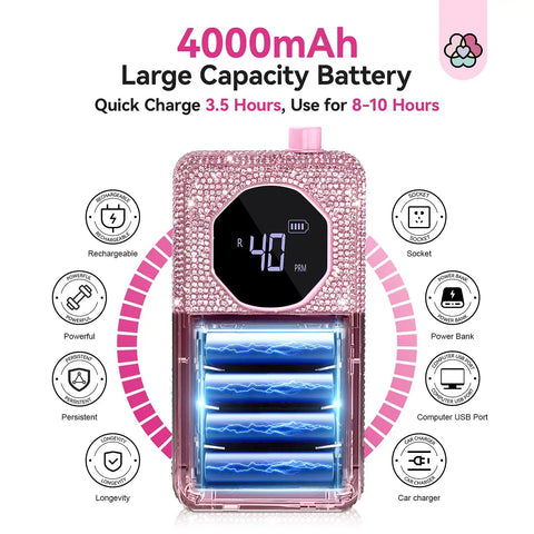 Pro Grade Nail Drill 40000 RPM Portable Diamond Kit Rechargeable 4000 Milliamp Hours Electric Nail File display and battery