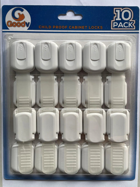 Tot Smart Baby Proofing Cabinet Locks And Tough As Nails Child Safety Drawer Latches For Kitchen Fridges Doors With Strong Grip Adhesive Straps Easy Peasy Install 10 Piece Kit shown in a 10-pack with white plastic design.