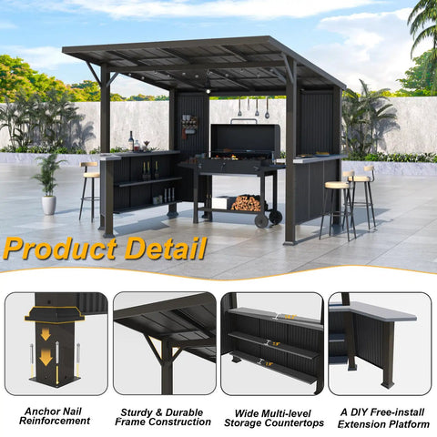10x10 Hardtop Grill Gazebo With Storage Shelves And Expansion Platform Durable Galvanized Steel Lean-To Canopy Outdoor BBQ Shelter With Grey-Black Privacy Screen For Patio And Backyard installed view