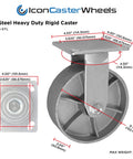 Heavy Duty Steel Caster Wheels 4 Pack 6 Inch Industrial Rigid Top Plate Casters 4800 Lbs Capacity close-up with dimensions.