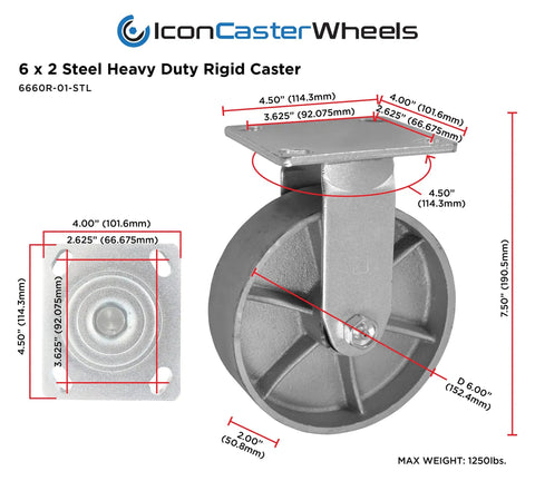Heavy Duty Steel Caster Wheels 4 Pack 6 Inch Industrial Rigid Top Plate Casters 4800 Lbs Capacity close-up with dimensions.