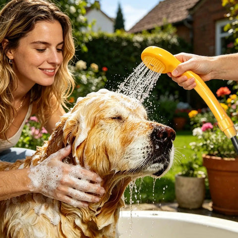 Portable Camping Shower Kit With 12V Pump Steady Water Flow ABS Body being used to wash a dog outdoors