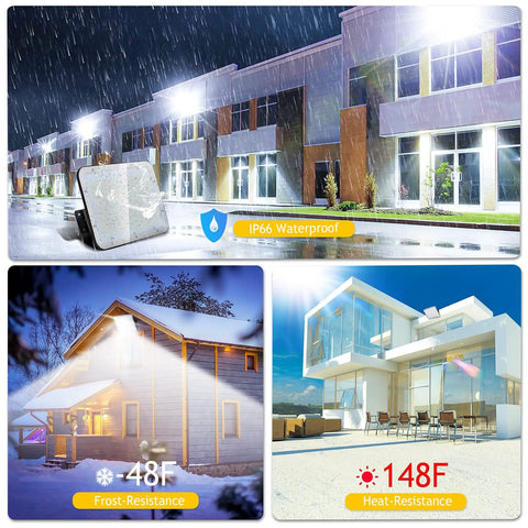 LED Flood Light 150W 18,000LM Crazy Bright Daylight 5000K IP66 Waterproof lighting outdoor scenes, including buildings and homes.