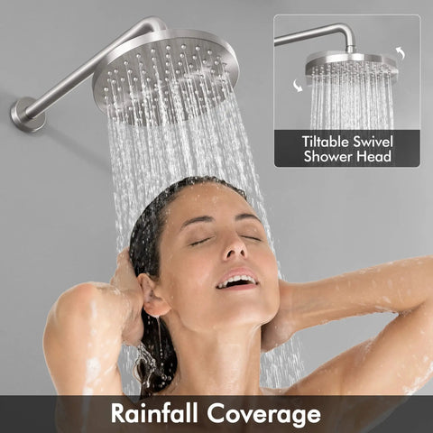 Complete Shower Faucet Set With Rain Shower Head Brushed Nickel Finish Anti Scald Pressure Balance Valve Trim Included woman under water