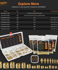 Heat Set Insert Tips For Threaded M2 To M8 Inserts, Soldering Iron Tips For Plastic 3D Printed Parts, Quick No Fuss Install With Common Hobby Irons, Includes M2 M2.5 M3 M4 M5 M6 M8 Sizes displayed in packages and a case with various inserts visible