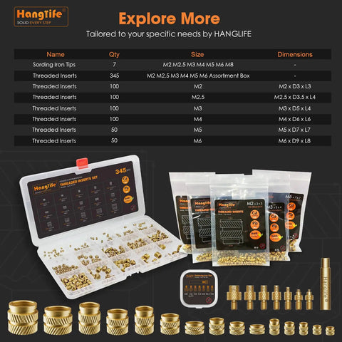 Heat Set Insert Tips For Threaded M2 To M8 Inserts, Soldering Iron Tips For Plastic 3D Printed Parts, Quick No Fuss Install With Common Hobby Irons, Includes M2 M2.5 M3 M4 M5 M6 M8 Sizes displayed in packages and a case with various inserts visible