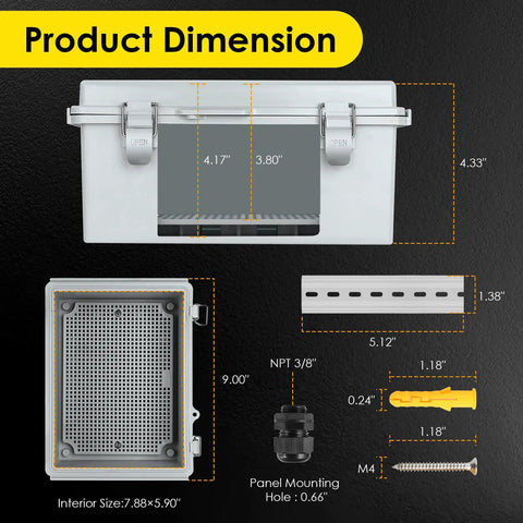 IP67 Waterproof Outdoor Electrical Junction Box With 8.7 By 6.7 By 4.3 Inch Dimensions, Beefy ABS Enclosure, Stainless Steel Latches, Wall Mount Brackets, Weatherproof, Shock Resistant For Exterior Electrical Projects. Dimensions shown with latches
