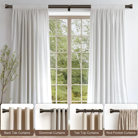 Modern Antique Brown Bronze Curtain Rod Set For Windows 66 To 120 Inches with white curtains illustrating styles