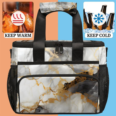 Insulated Picnic Backpack Lunch Bag For Women And Men, Large Portable Cooler Tote, Marble Pattern, Front View
