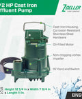Effluent Pump Half Horsepower Nonautomatic With Piggyback Float Switch High Flow Vortex Impeller 115V Cast Iron Housing