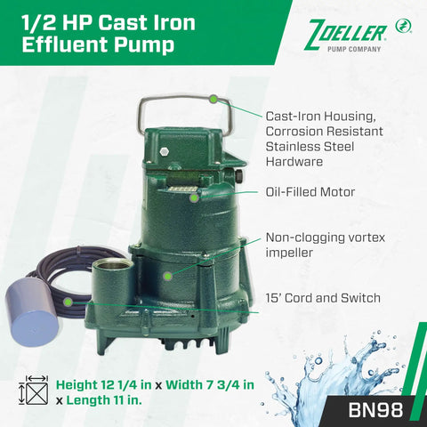 Effluent Pump Half Horsepower Nonautomatic With Piggyback Float Switch High Flow Vortex Impeller 115V Cast Iron Housing