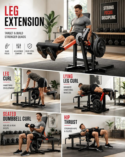 All In One Leg Extension And Curl Machine For Home Gym 700LB Capacity Quad And Hamstring Power Builder with man exercising