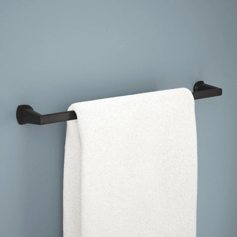 24 Inch Matte Black Towel Bar for Bathroom Wall Mounted Towel Rack Sturdy Zinc Construction with white towel hanging