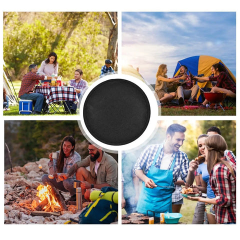 Collage of camping scenes with Rugged Waterproof Silicone Fire Mat 36x36 Inch in center, dual-layer thermal barrier visible