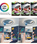 20 Inch Astronaut Ceiling Light for Kids Room showcasing CRI comparison and color rendering, dimmable LED flush mount, remote control.