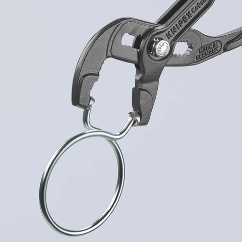 Hose Clamp Pliers For Click Clamps With Rotating Jaw Inserts, Push Button Quick Adjust, Lock In 15 Positions, shown in operation