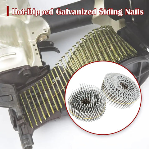 1-1/2 Inch Siding Nails 3600 Count, 15 Degree Wire Collated Coil, shown loaded in CN55 CN45 Gun, Hot Dipped Galvanized Exterior Fasteners