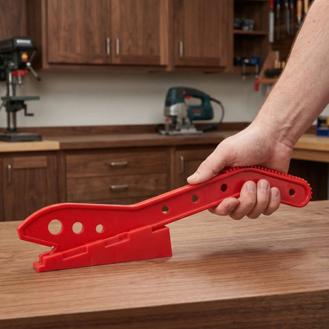 Heckuva Woodworking Push Stick With Safety Block For Table Saw Router Or Band Saw Shop Gear, red ABS design held in hand.