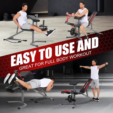 Man demonstrating exercises on Adjustable Weight Bench Set With Leg Extension And Leg Curl, 900 Lbs Capacity