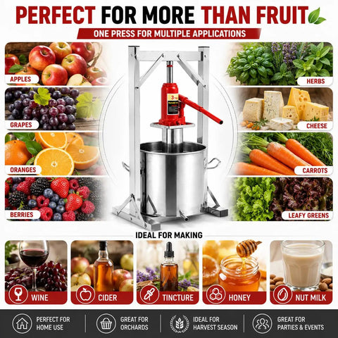 Heavy Duty Stainless Steel Hydraulic Fruit Press Juicer Squeezer Makes Juicing Apples Grapes Berries A Breeze For Homemade Cider Wine Cheese And Tinctures With Large Capacity Basket No Hassle High Pressure, 12L stainless steel press
