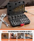 39 Piece Bolt Extractor Kit With Left Hand Drill Bits And Multi Spline Extractors for damaged bolts, in open case on workbench.